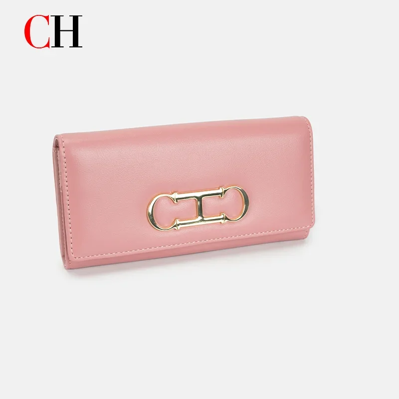 CH Womens Long Wallet Premium Leather Gold Metal Logo Large Capacity Multi Card Slots Daily Commuter Ladies Clutch Purse