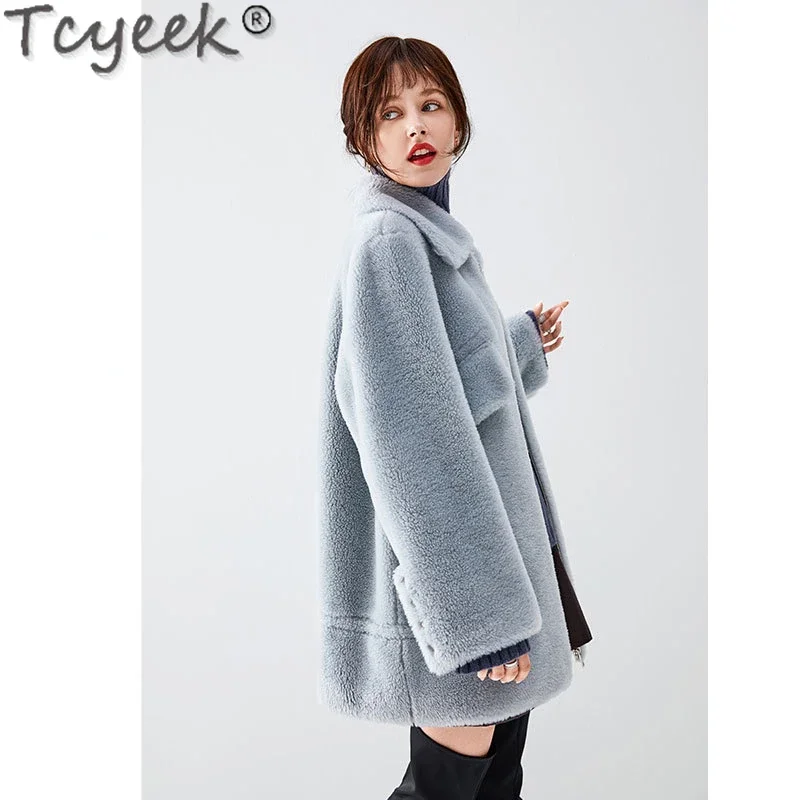 Tcyeek 100% Wool Jacket Grain Sheep Shearling Coat Womens Clothes Winter Jackets Women Mid-long Wool Coat Korean Casaco Feminino