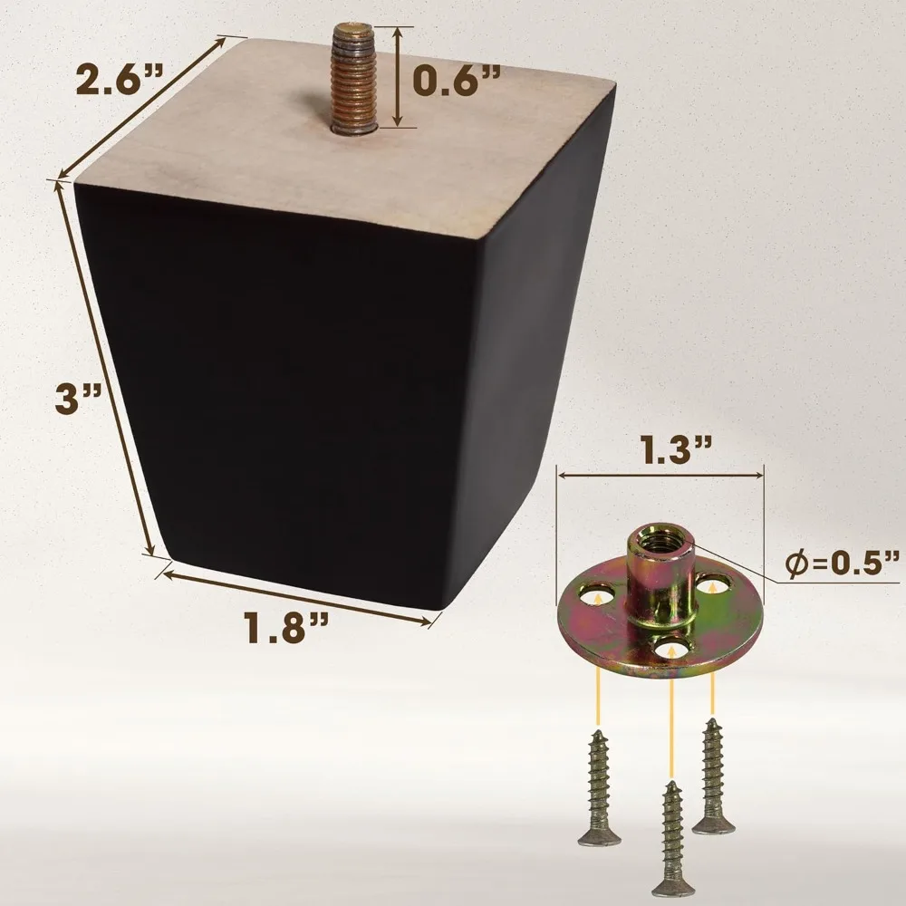 (5 dimensioni: 3-4-5-6-8 Set di 4 gambe per mobili in legno - Gambe per divano quadrate, Gambe per divano - Gambe di ricambio moderne marrone metà secolo