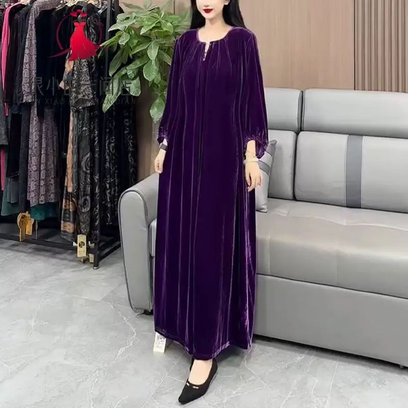 Solide Samt Lose Kleid Frauen Französisch Perle Taste Kleider Herbst Winter High End Elegante V-ausschnitt Lange Vestido Neue
