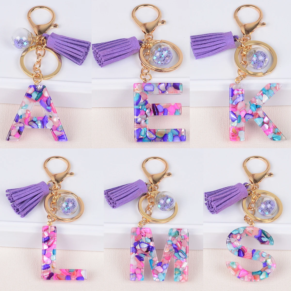 New Colorful rock Filled Initial Letter Keychain Purple tassel English Letters Ordinary Key tool Women Girls Bag Purse pendant