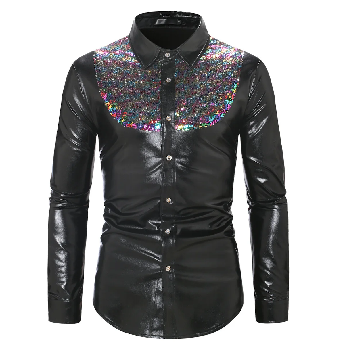 Chemise à paillettes dorées brillantes pour hommes, coupe couvertes, manches longues, chemises provoqué pour hommes, boîte de nuit des années 70, fête, scène, chanteur, costume, zones me, 2024