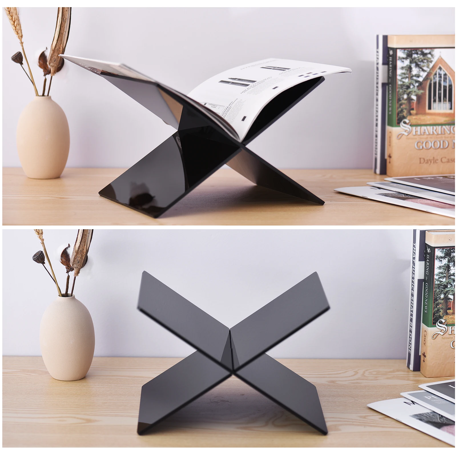 Acrylic Book Stand Displaying Shelf X-Shaped Book Rack for Cookbook Recipe Menu Magazines Storybook Holder for Opening Books