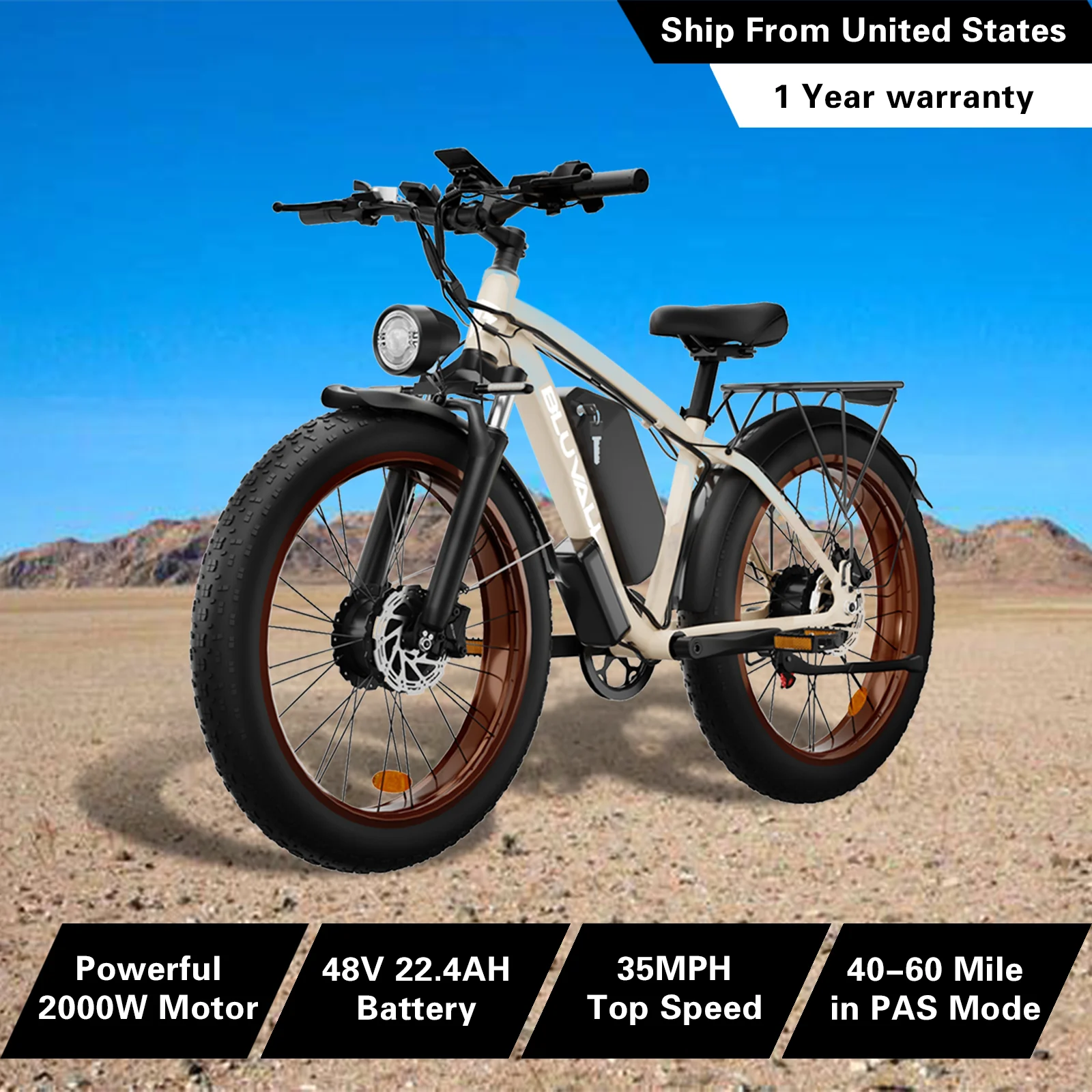 

48 В 2000 Вт Внедорожный электровелосипед для взрослых, сертифицированный CE, 26 дюймов, толстые шины, скрытый двойной мотор, снежный пляж, вездеход, склад в США, доставка на 2 дня