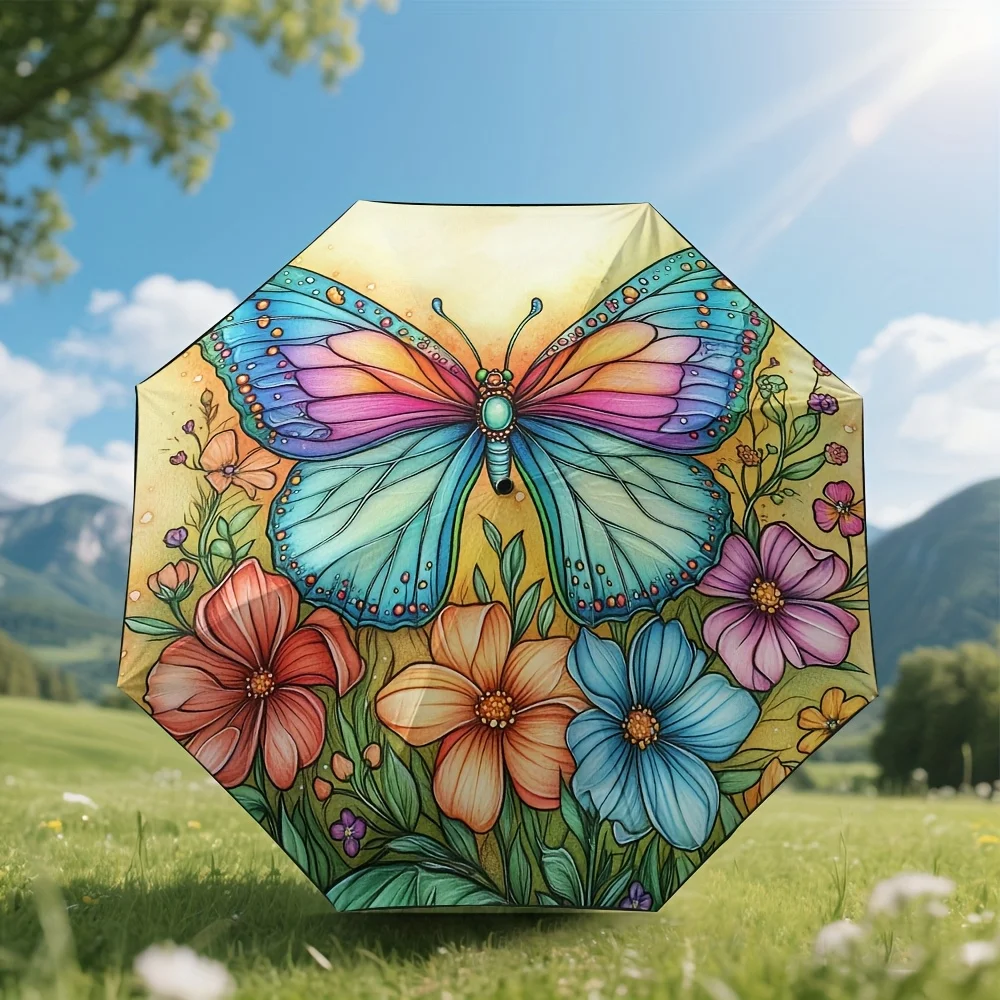 

Автоматический зонт с цветочным и бабочковым дизайном, 1 шт. - Компактный складной зонт для путешествий, ветрозащитный и высококачественный, Au