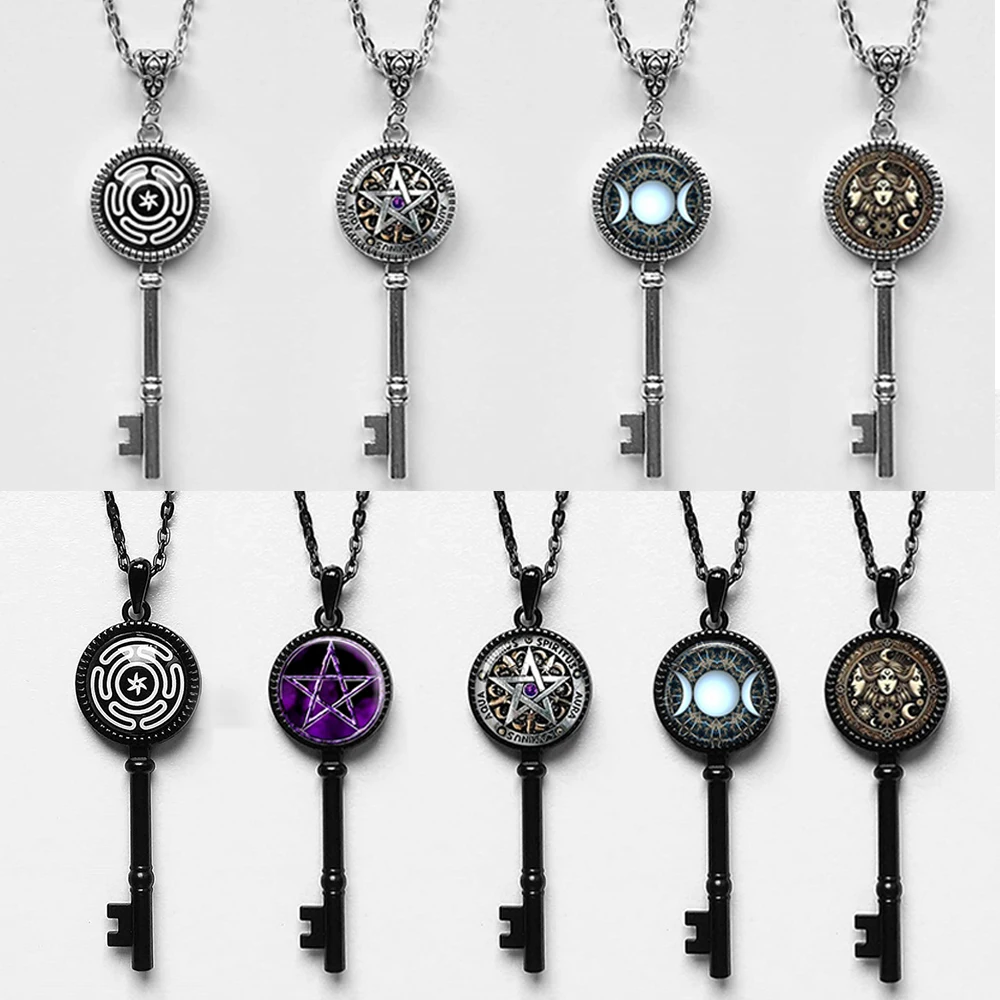 Gothic Witchcraft Symbol Skeleton Key Necklace Antique Silver&Black Labyrinth Pentagram Triple Moon Triple Goddess Key Necklaces