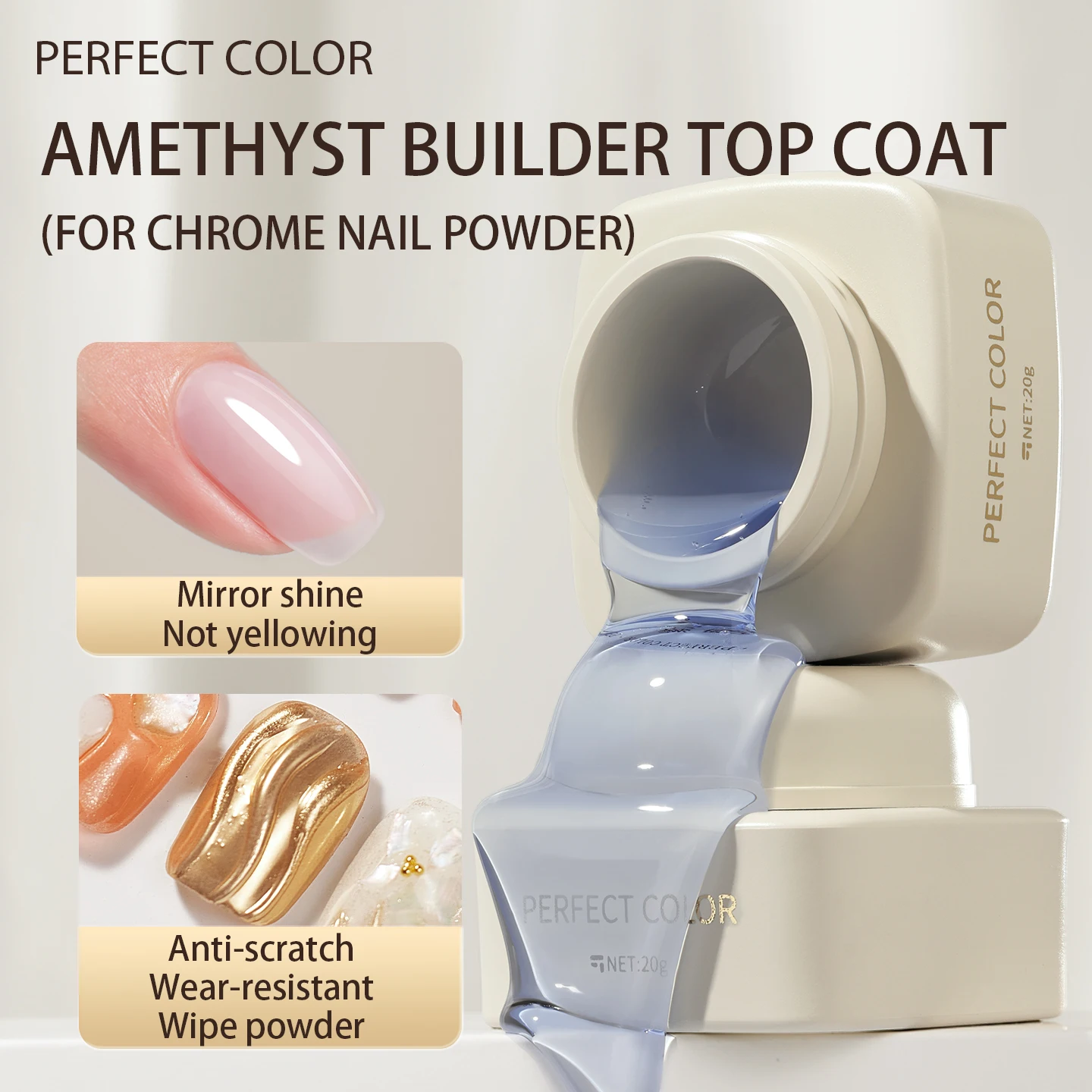 

PERFECT COLOR Gel Top Coat for Chrome Nail Powder 1pc 20g Shine like a mirror Long Lasting Chrome Powder Top Coat 2 in 1 for DIY