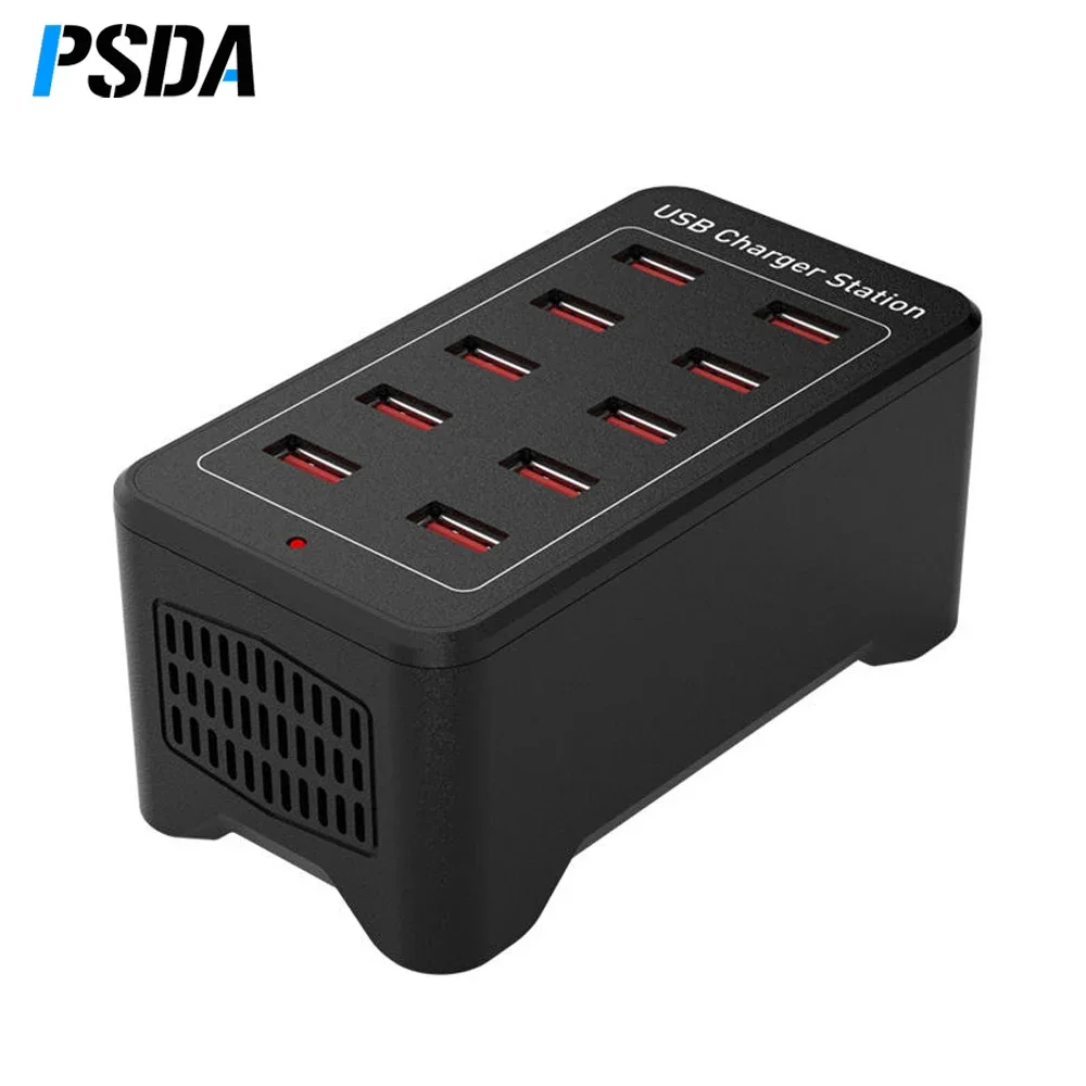 PSDA Multi Port USB Hub Charger Station 10 Port 50W Universal Wall Desktop Fast Charging Station Dock for Mobile Phone Power