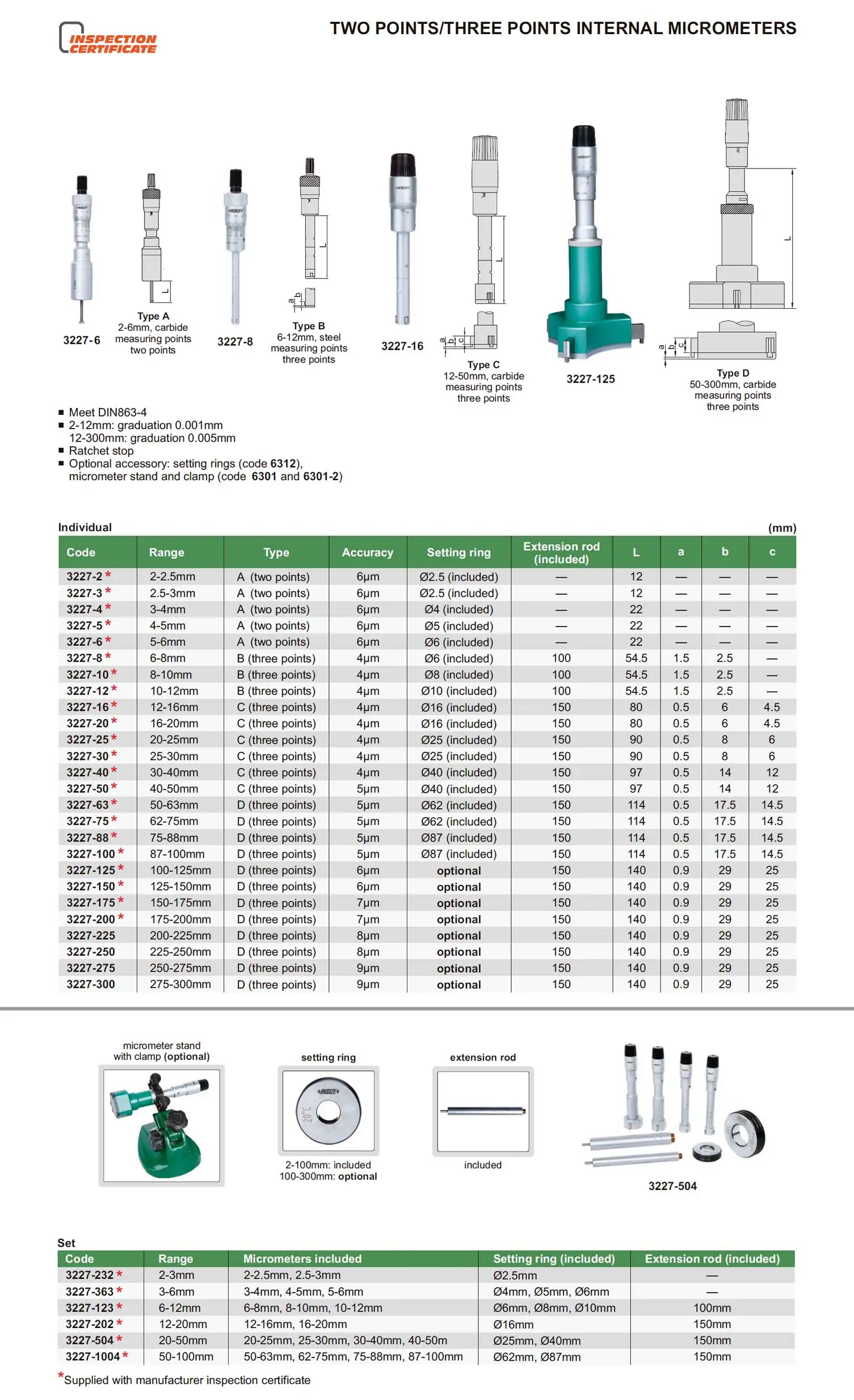 INSIZE 3227-504 Three Point Internal Micrometer with Adjustment Rings 20 - 50mm Pitch