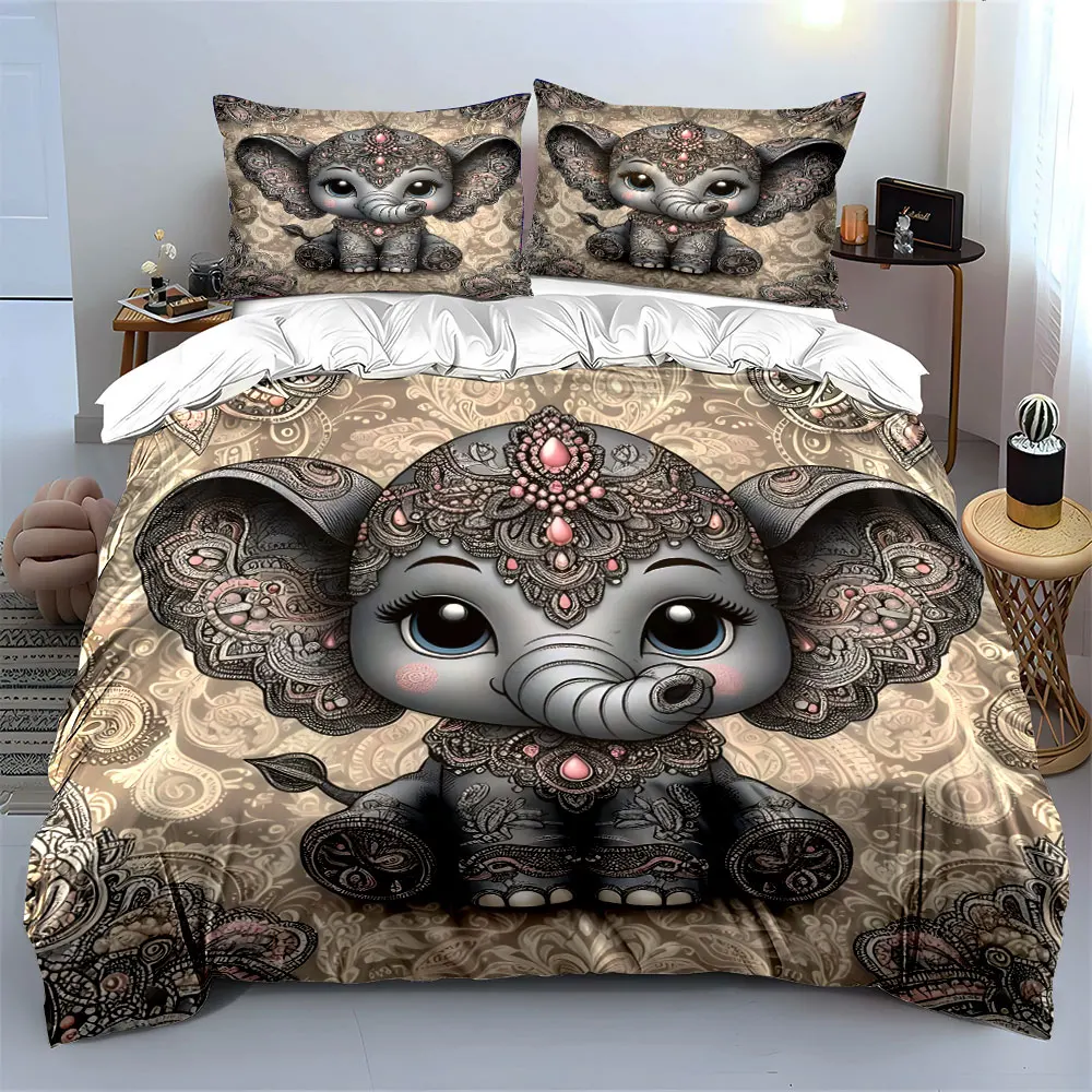 Ornate elephant cartoon design. Print Bedding Set 1 Duvet Cover 2 Pillowcases for Adult and Children Luxury Gift Full Size