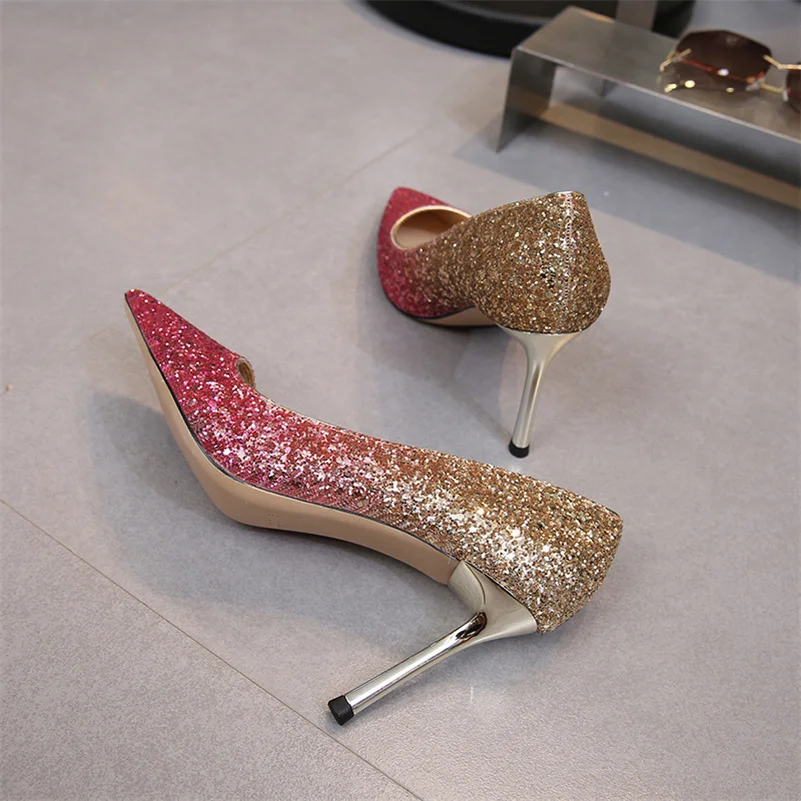 Women 6cm 8cm High Heels Glitter Sequins Stiletto Middle Low Heels Pumps Lady Wedding Bridal Gradient Bling Scarpins Party Shoes