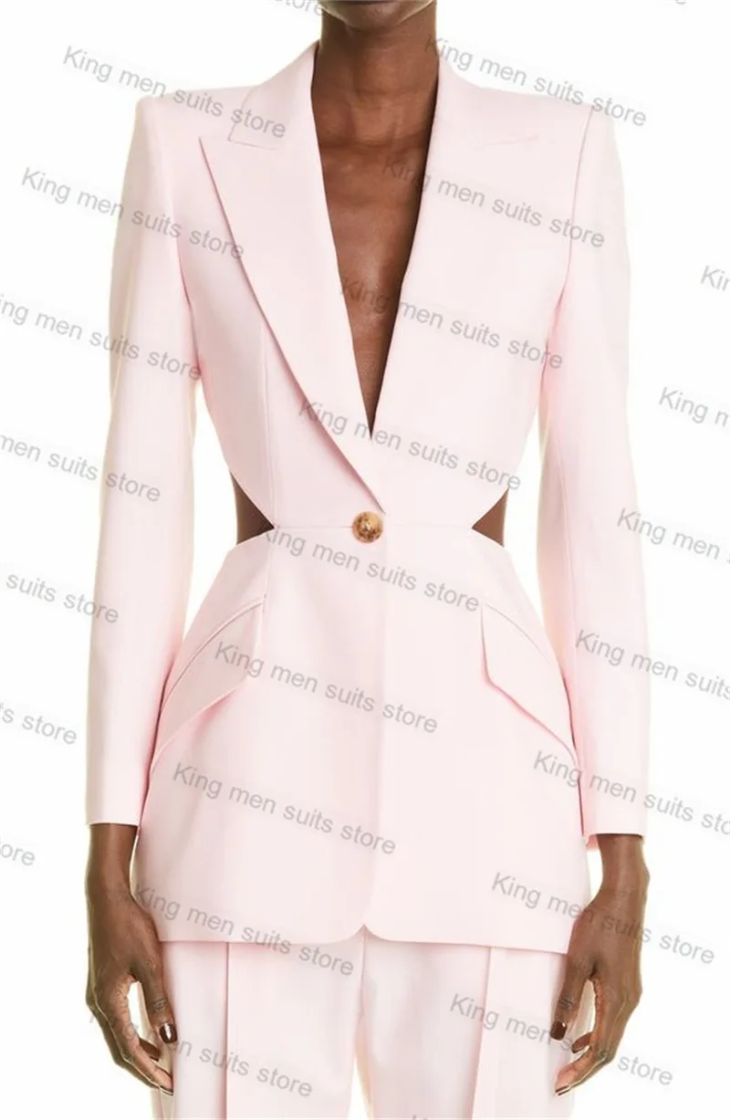 Pink Women Suits Pants Set Sexy Hollow Blazer+Trousers 2 Pieces Formal Office Lady Coat Tailored Jacket Prom Dress Outfit