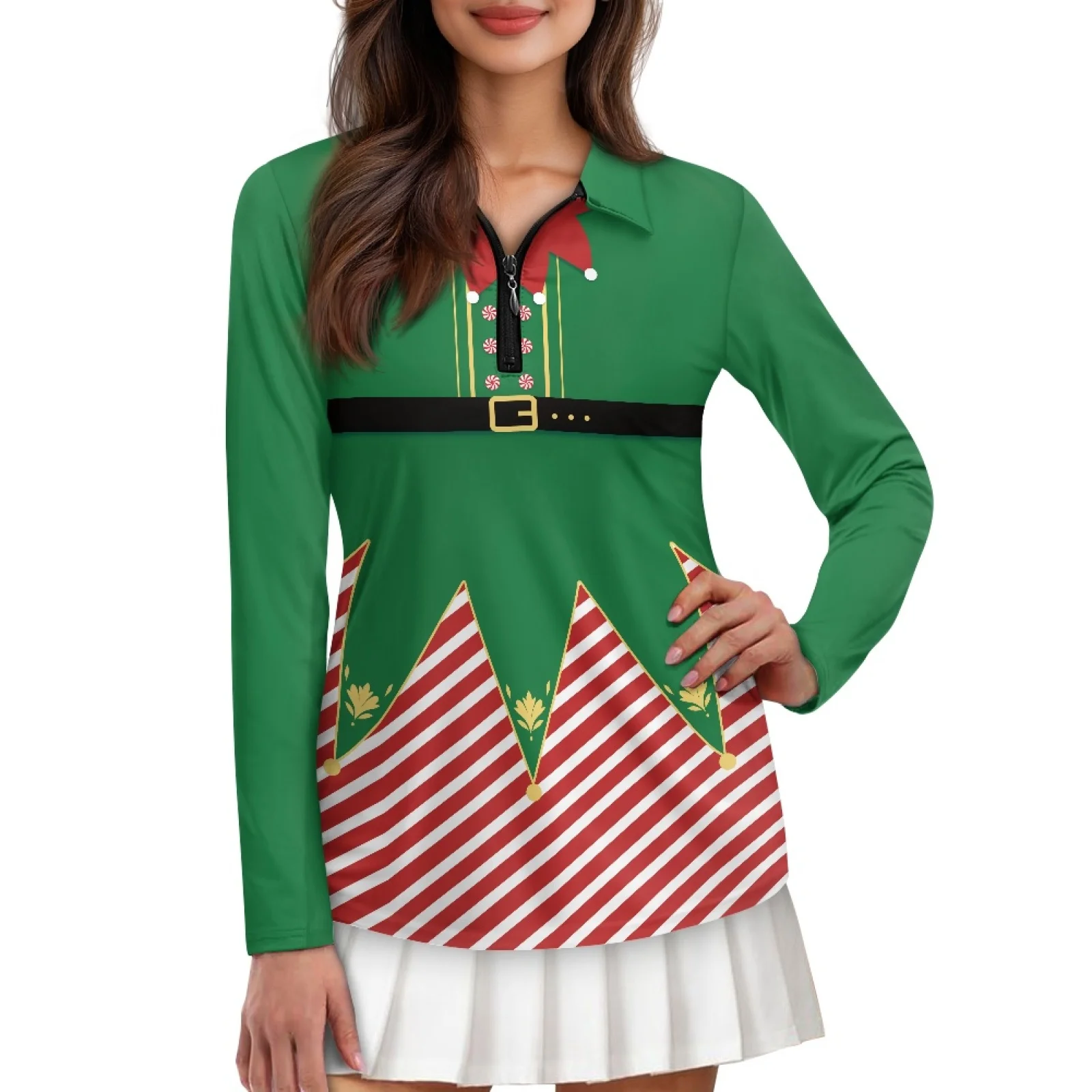 PENSTROLL Elf Costume Theme Womens Athletic Fit Tennis Polo Shirts Long Sleeve Athletic Polo Shirts for Tennis Court