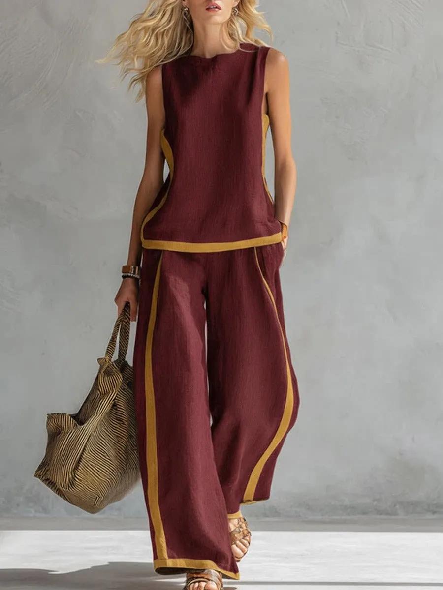 Simple Stripe Print Women's Suits Summer Fashion Sleeveless Loose Blouse Wide Leg Pants Two Piece Set For Women Casual Outfits - view 6