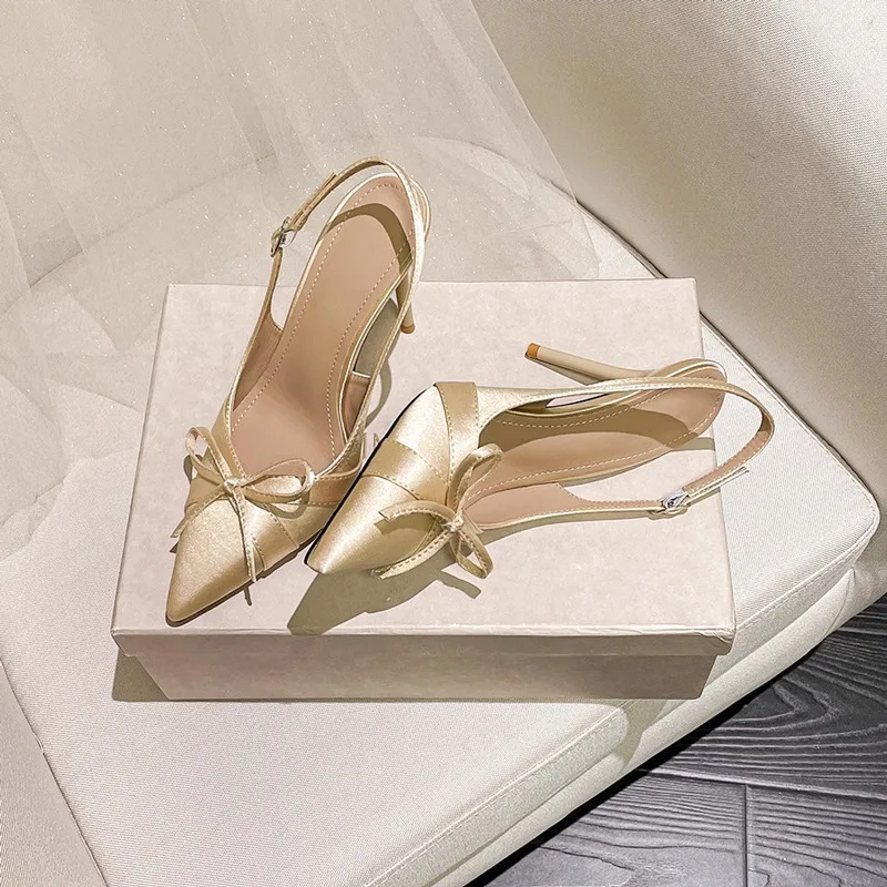 

Французские босоножки на высоком каблуке на шпильке, женские летние туфли 2025 года с острым носком и бантом