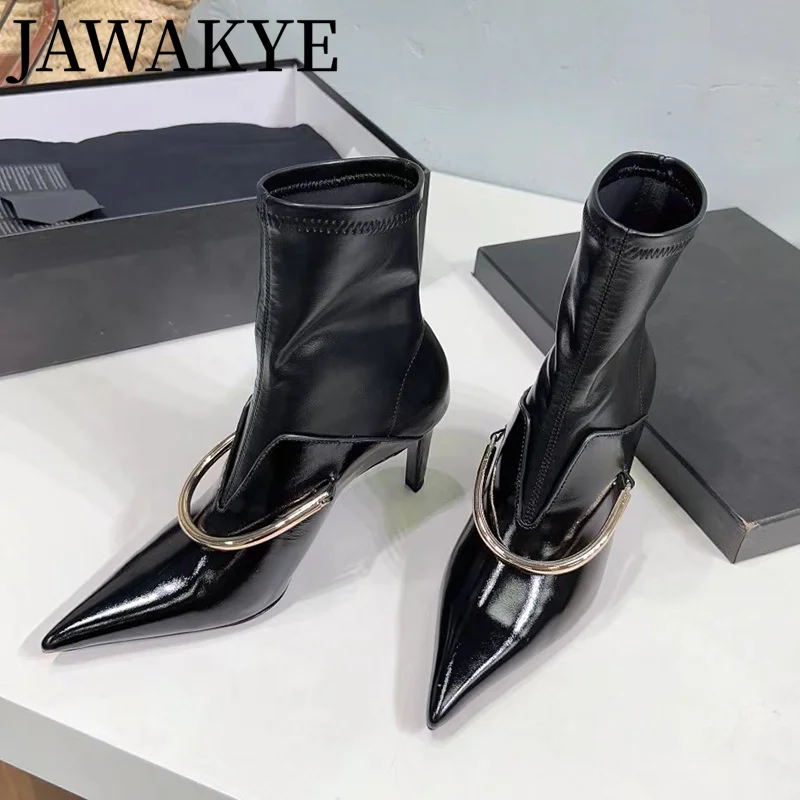 Designer Brand 2023 Winter Sock Boots For Women High Heels Genuine Leather Short Boots Metal Decor Boots Pointed Toe Boots Woman