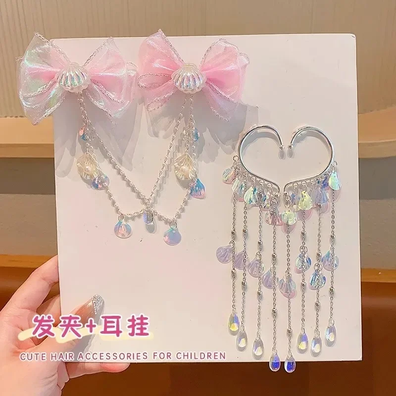 Baby cute mermaid Princess Pearl Tassel bow forehead chain hair clip children hair accessories girls super many styles hair clip