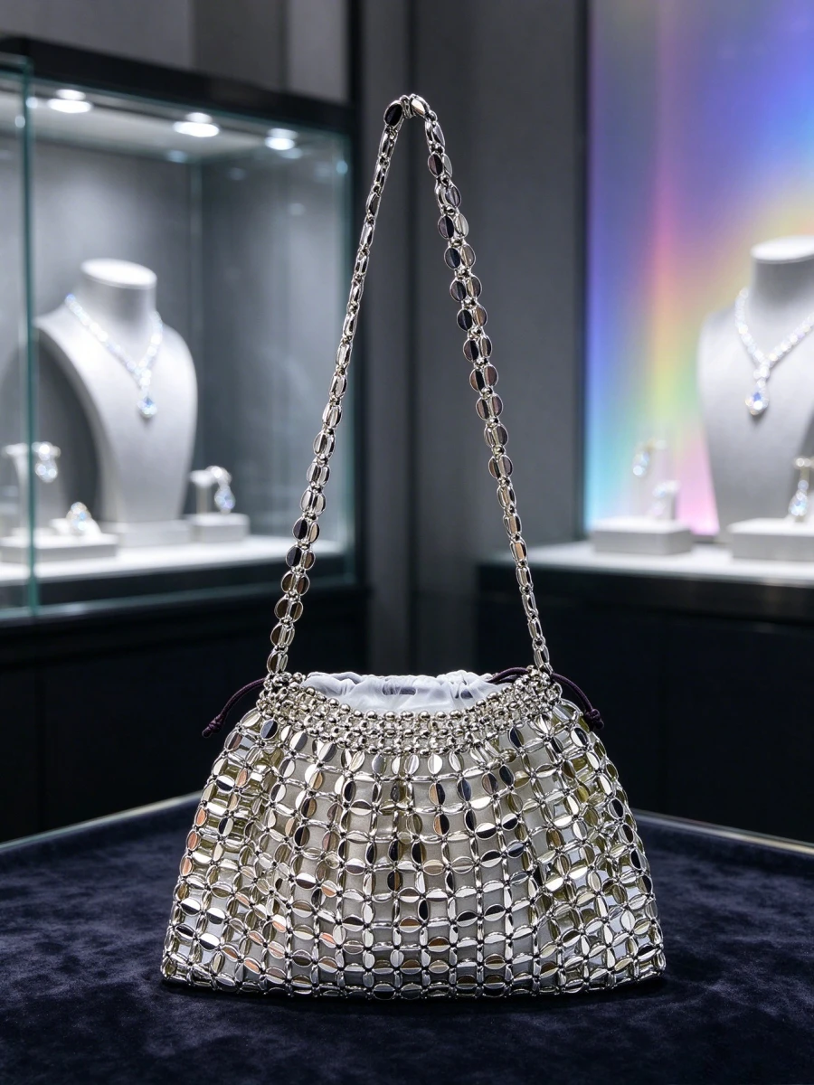2026 Silver Gold Sequin Beaded Chain Shoulder Bag, Hollow Mesh Evening Crossbody Purse, Wedding Party Handbag For Mid Age Women