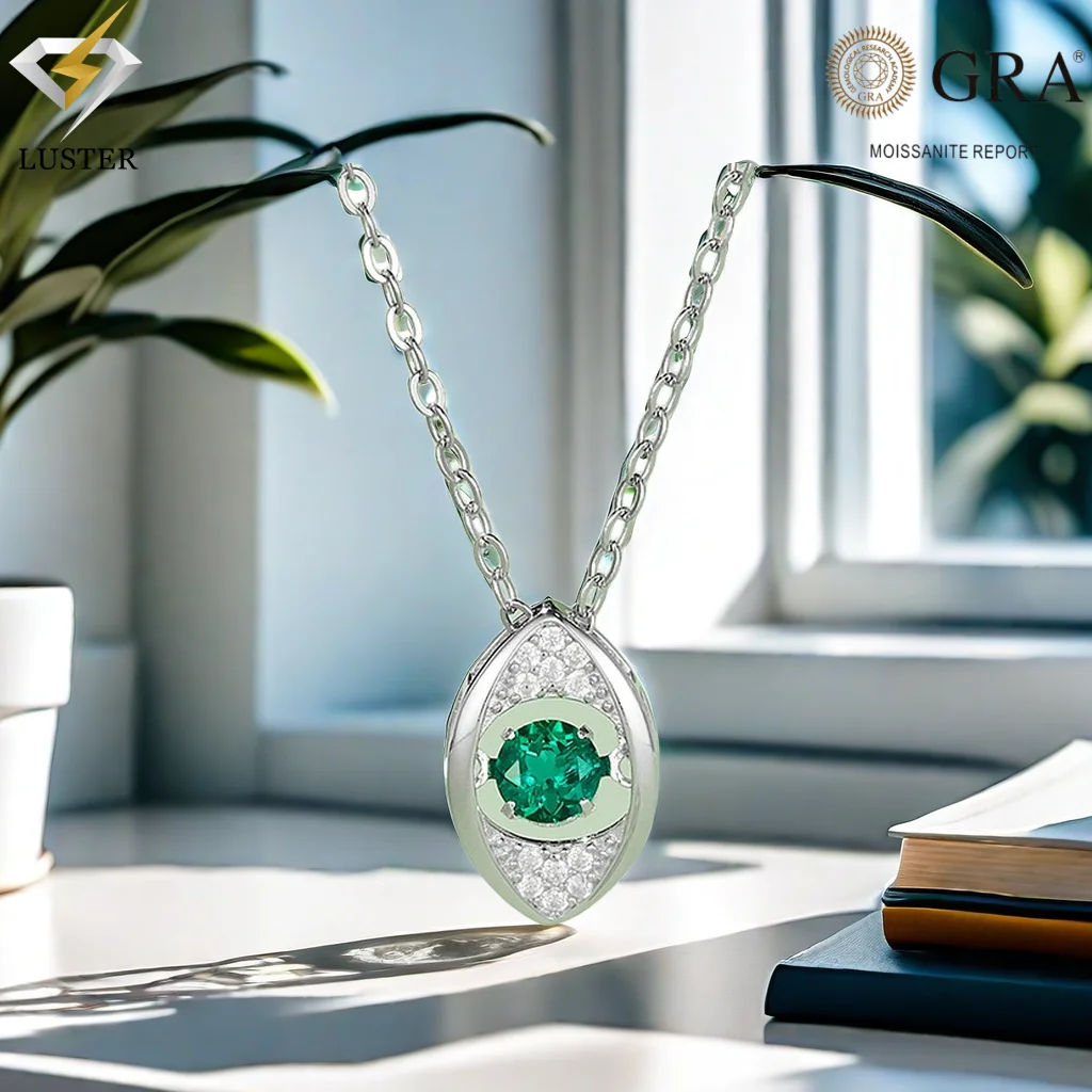 LUSTER D Cultivate emerald-green Pendant  Original s925 Sterling Silver Plated 18k White Gold with GRA Pendant for Women Man