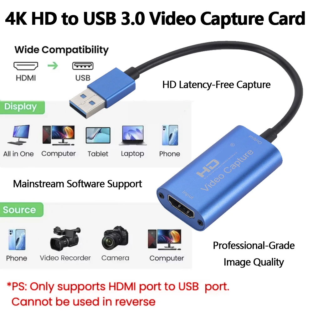 USB 3.0 HD Video Capture Card HDMI to USB Recorder Dongle for PS4 PS5 Nintendo Switch Game Video Recording Live Broadcast