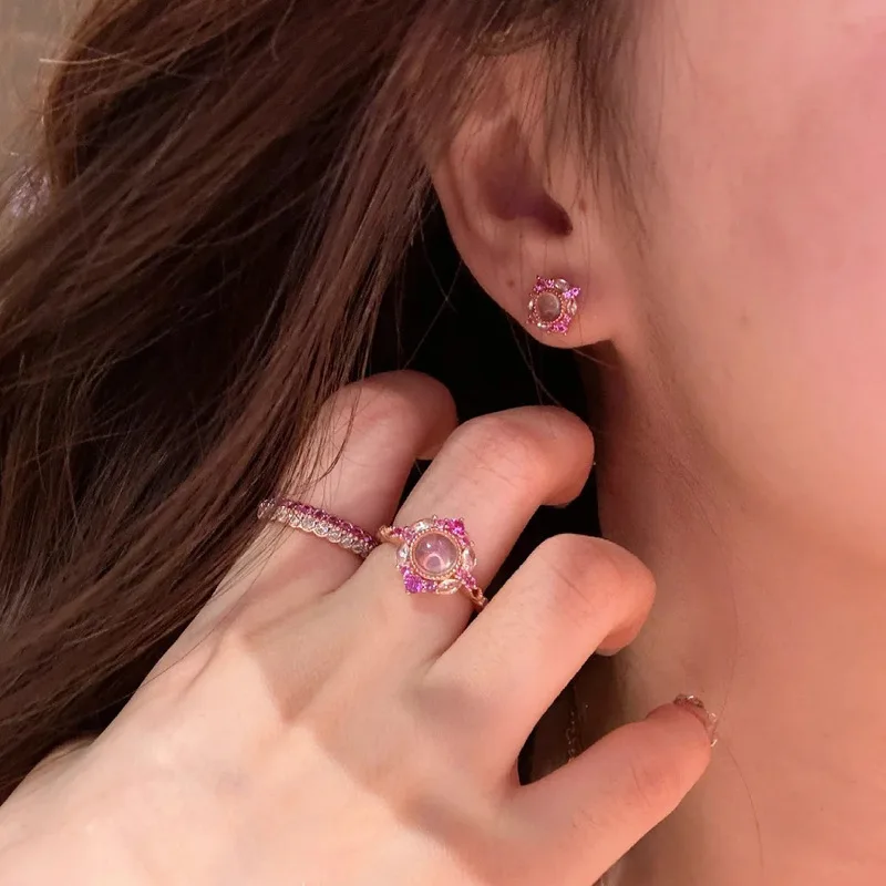 Retro Korean-style pink crystal set - featuring a diamond pendant necklace, ring and stud earrings - anniversary jewelry