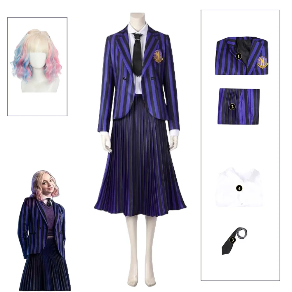 Mujeres Enid púrpura Nevermore escuela secundaria Halloween vestido elegante adolescente niñas miércoles uniforme escolar peluca Cosplay disfraz conjunto