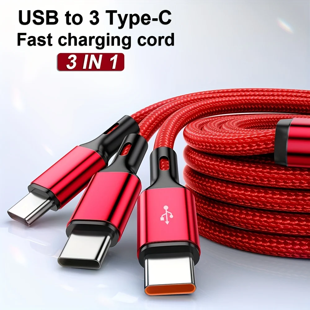 Cabo de Dados USB 3 em 1 de 100W com Carregamento Rápido, USB para 3 Tipo C, Cabo de Dados Quick Charge 3.0, Portátil para Viagem e Escritório, Linha Trançada de Nylon USB C