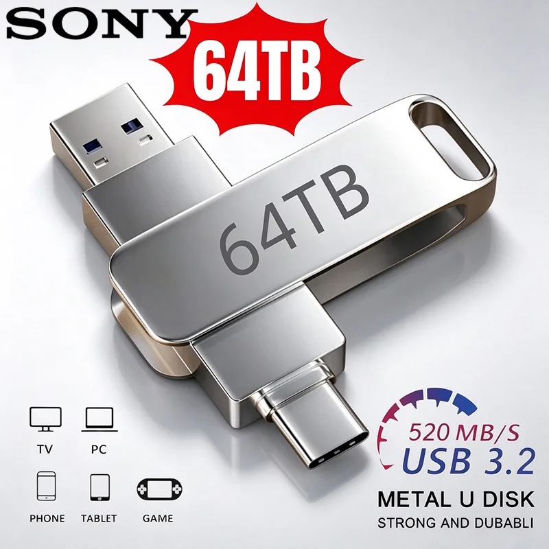 SONY 64TB USB 3.2 Flash Drive High Speed 16TB 8TB 4TB 2TB Type-C 2-In-1 OTG Pendrive Waterproof Metal U Disk For Computer Phone