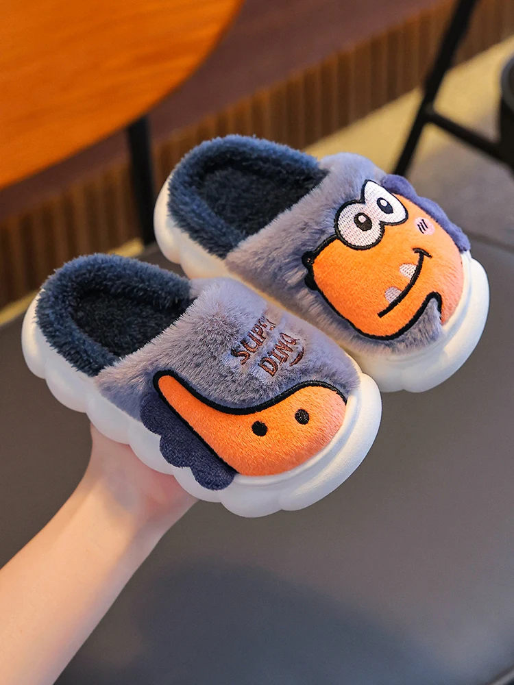 

Теплые домашние хлопковые тапочки для мальчиков и девочек с динозаврами, милый мультяшный дизайн, осенне-зимние домашние тапочки с задником