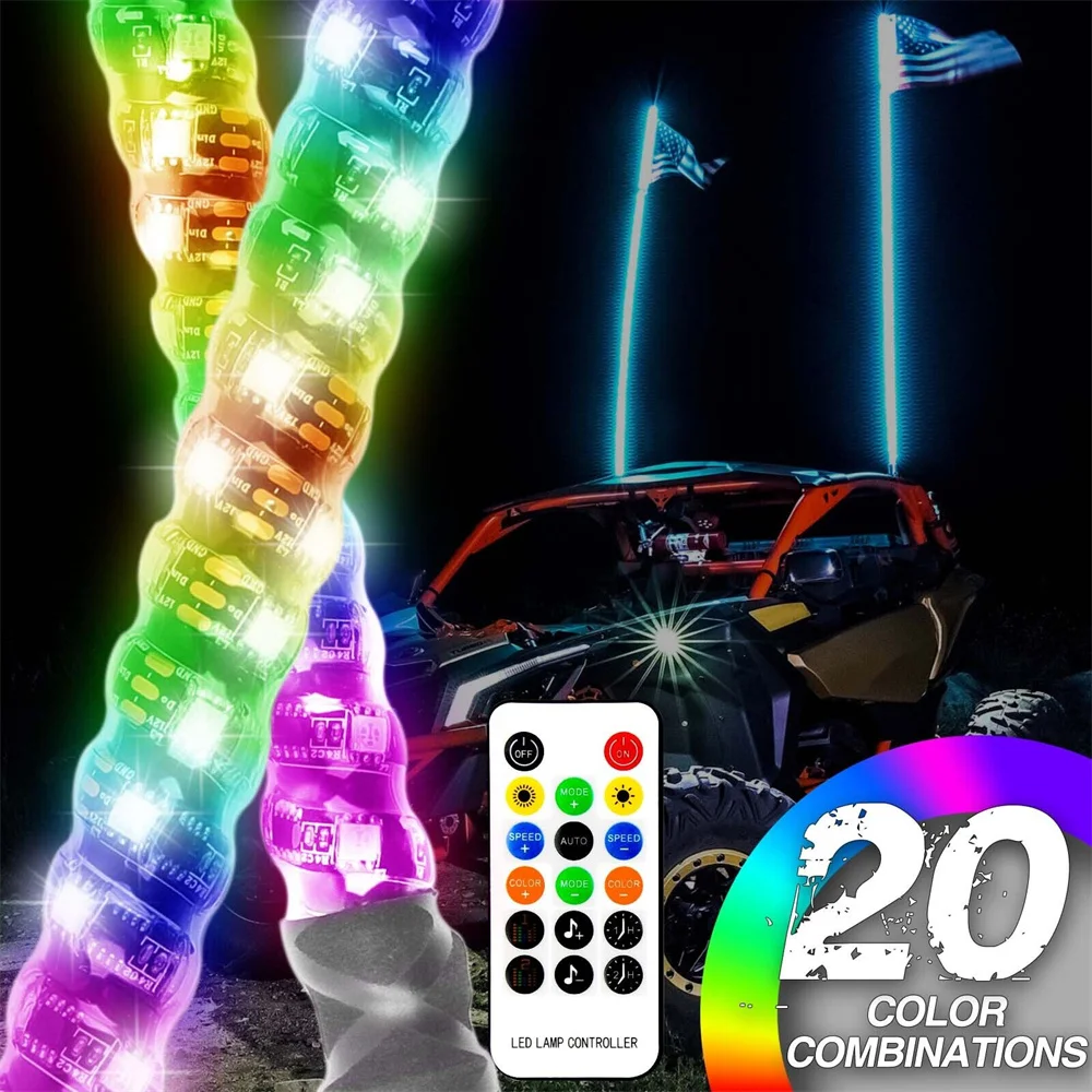 Látigo de luces LED en espiral para ATV Polaris RZR, 2 piezas, 4 pies, 5050RGB, Bluetooth y Control remoto