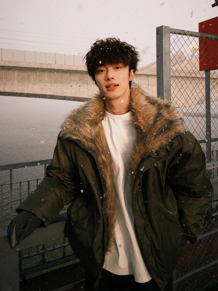 

Retro American Military een Deconstructed Jaet Thiened Winter Warm Cotton Coat for Men with Fur Collar Youth Casual Sle