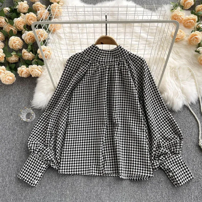 Korean Fashion Female Houndstooth Print Bow Blouse Autumn Sweet Lantern Sleeve Loose All-match Lace Up Shirt Women\'s Clothing