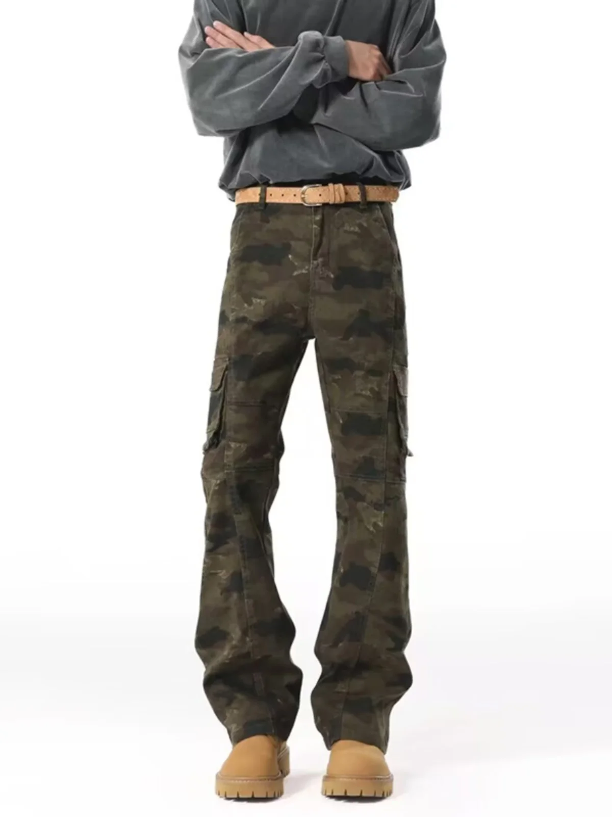 

American Sle Bootcut Camouflage Knife Men's Jeans Spring Autumn Multi ket Workwear Straight Leg Slim Flared Pants