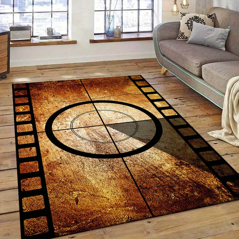 

1pc Movie Countdown Pattern Non-Slip Area Rug - Crystal Velvet, Vintage Film Design with Golden Spool & Clapper Board,