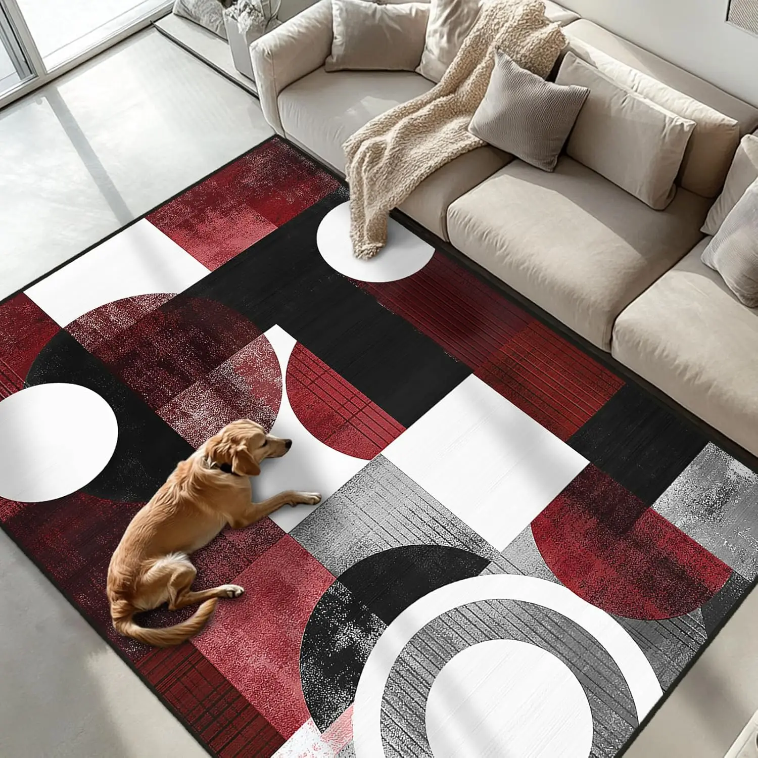 1pc 2D Flat Red Black White Circle Plaid Geometric Printed Floor Mat, Decorative Rug for Living Room, Bedroom, Home Decor