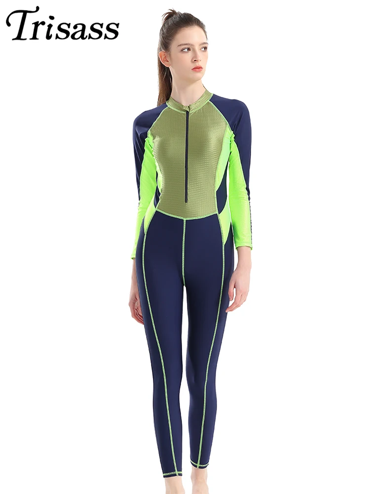 Trisass 2024 New One Piece Women Swimsuit Long Sleeve UV-protective Monokini Long Pants Bodysuit Bathing suit Rash Guards