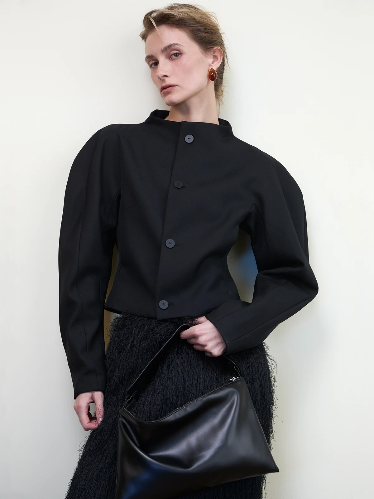 

Ele Bla Long Sve Wool Blend ort Jaet Women's Brand Coat round oulder Stand Collar Button Closure