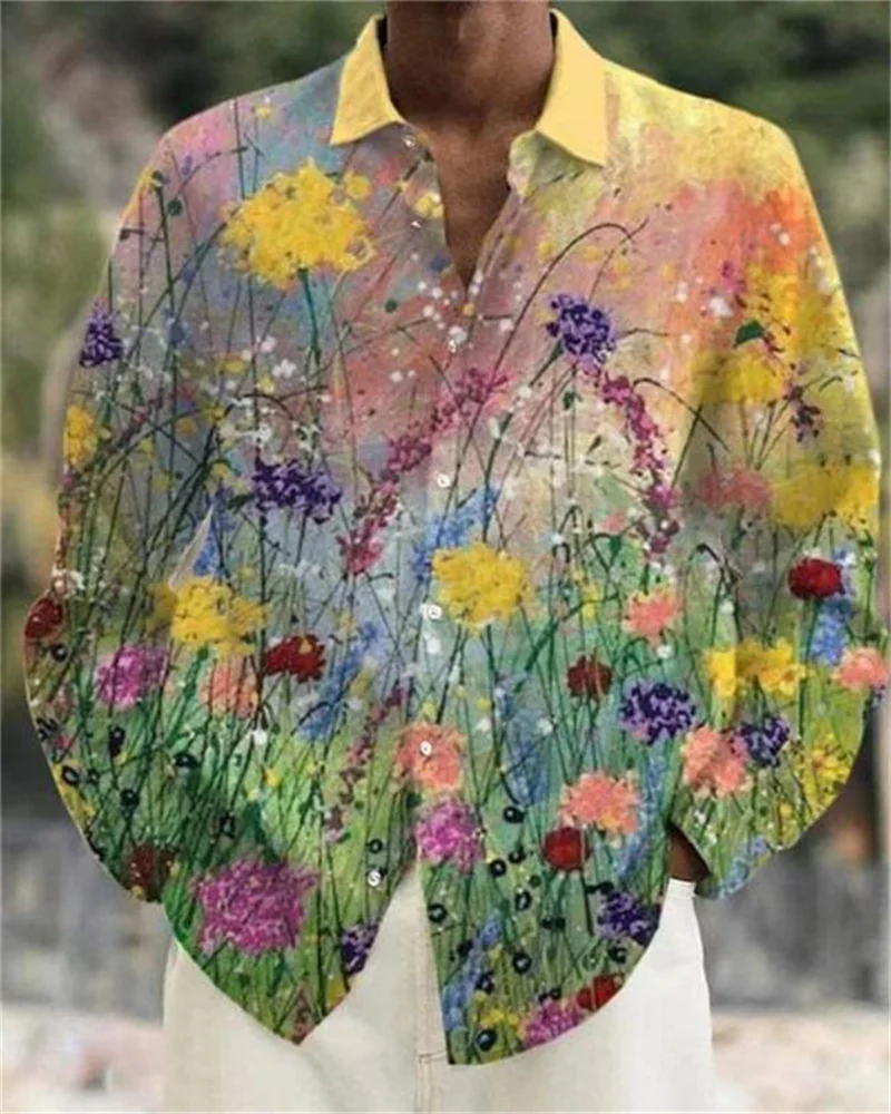 High-end shirt, Hawaiian shirt, floral print, long-sleeved single-breasted clothing, fashionable street style, versatile design