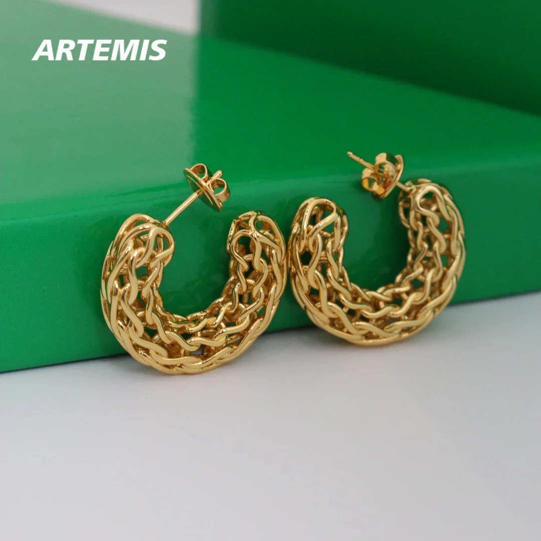 Famous 18K Gold Plated Brass Hollow Out Semi-circular Earrings Women Designer Jewelry Trend