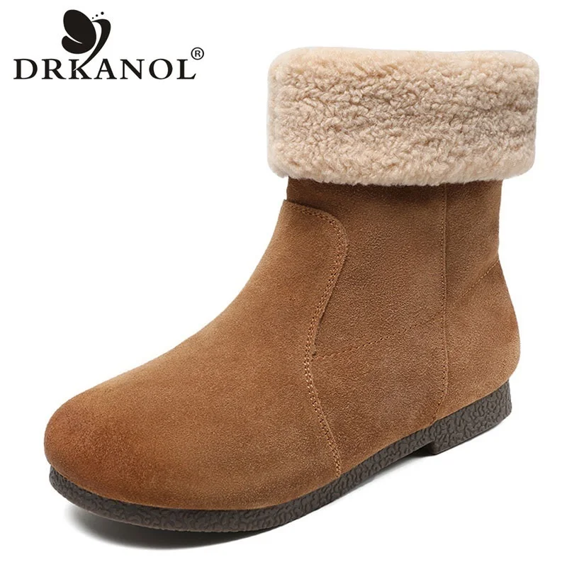

DRKANOL Winer Snow Boots For Women Handmade Retro Cow Suede Leather Slip On Warm Flat Heel Soft Comfort Mid Calf Boots H233527Z