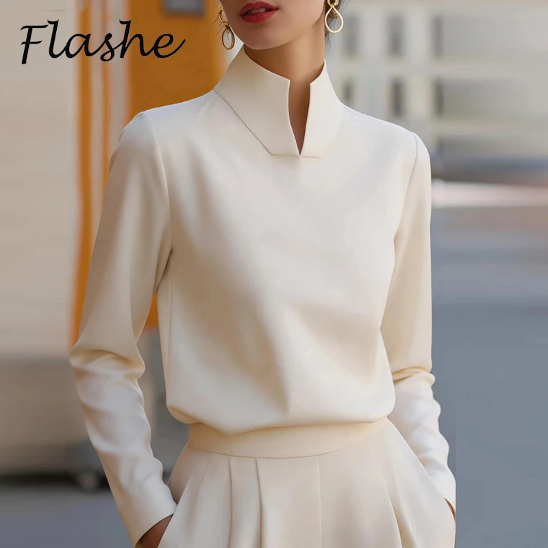Split Neck Long Sleeve Blouse Women Elegant Stand Collar Office Lady Shirts Loose Shirt Women Spring Autumn Casual Pullovers