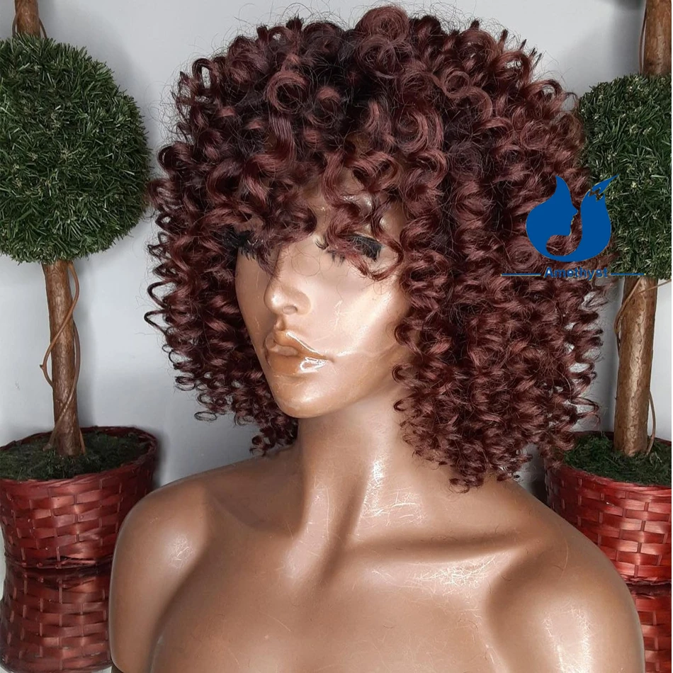 Amethyst Dark Reddish Brown Afro Curly Human Hair Wig With Bangs Bob Wig Curly Remy Hair None Lace Full Machine Wig Glueless