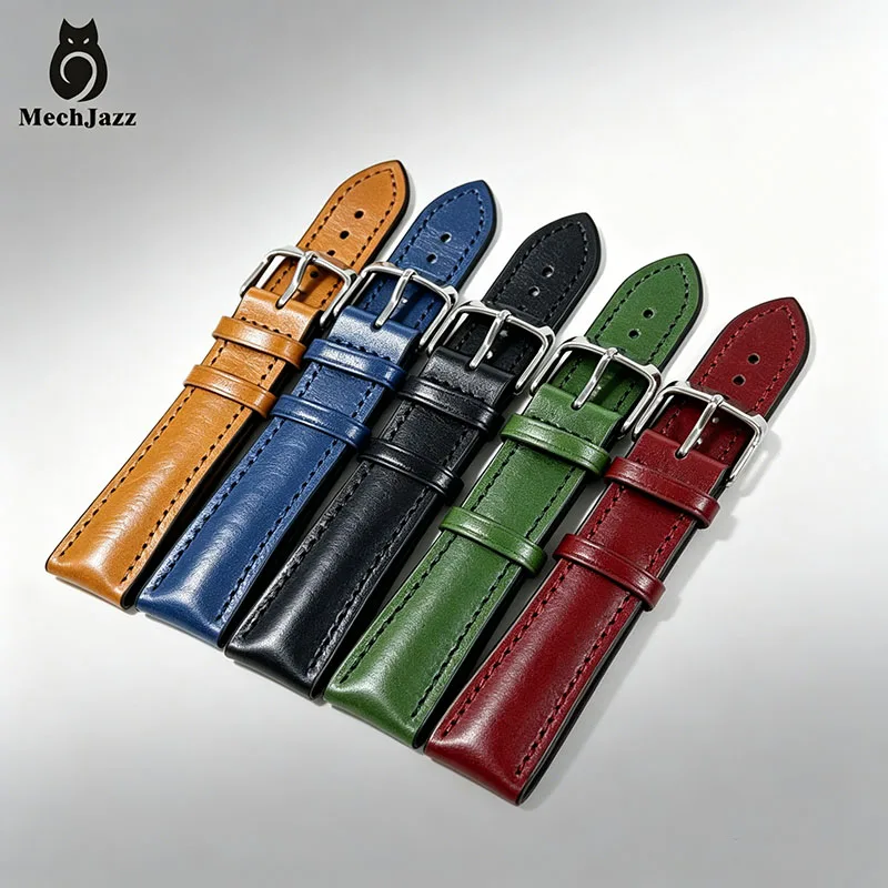 MechJazz 20mm Red Leather Watch Strap Silicone Back Waterproof Men's Replacement Watch Band with Stainless Steel Buckle