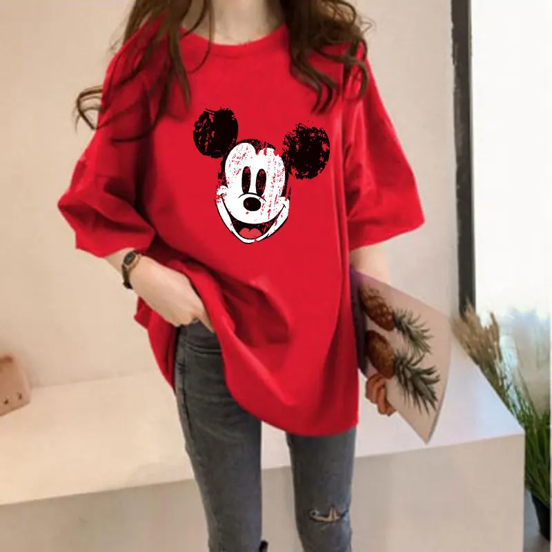 T-shirt Women\'s Plus Size Cartoon Mickey Mouse Print Short-Sleeved Summer Loose Solid Color T-Shirt Student Mid-Length Thin Top