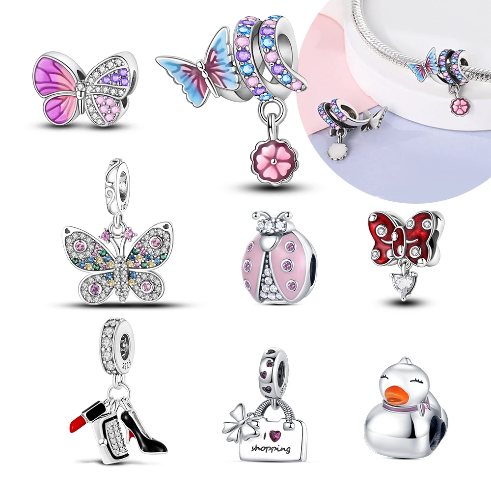 Original 925 Silver Charms Beads Fit Bracelet DIY Women Jewelry Gift Butterfly Ladybug High Heels Duck Shopping Charms Accessory