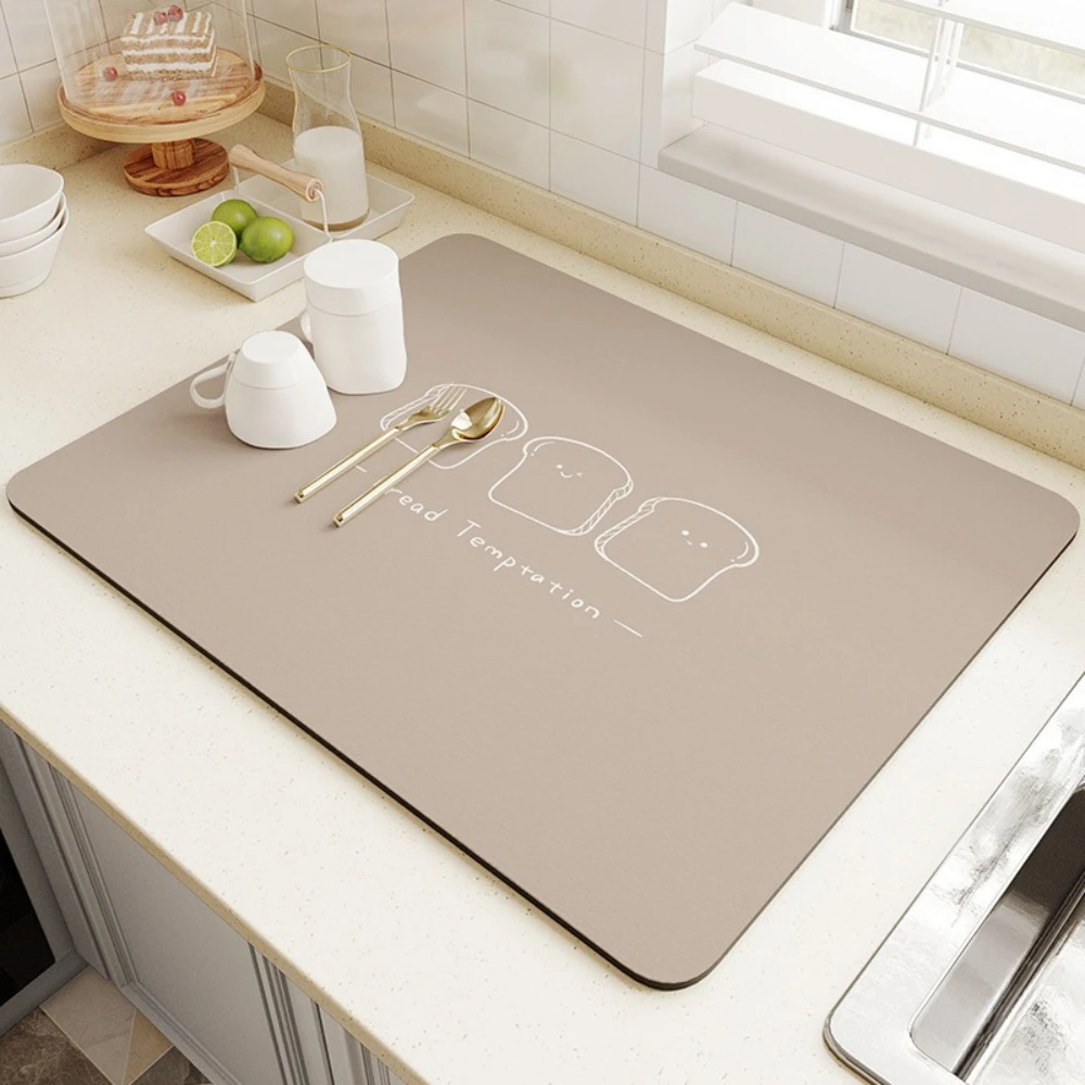 Cute Cat Bread Dish Drying Mat Non-Slip Super Absorbent Quick Dry Pad Kitchen Counter Sink Draining Washable Food Themed Mat