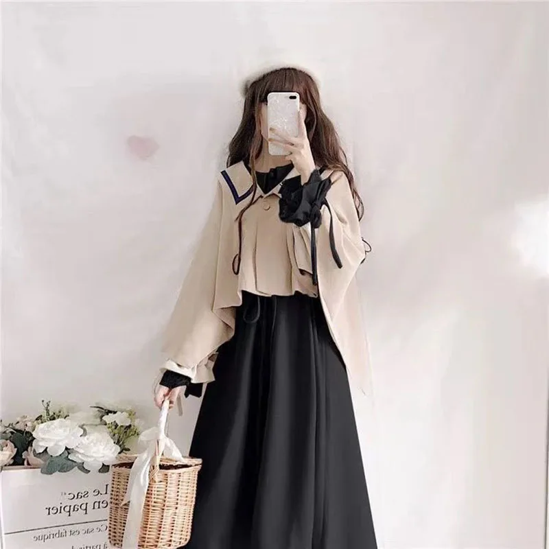 

Black Lolita 2 Piece Dress Set Women Patchwork Loose Japanese Preppy Style Kawaii Long Sleeve Dress Girl Outfit