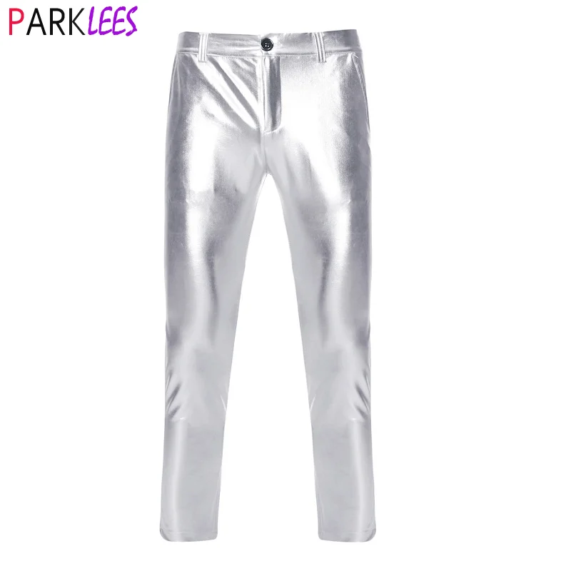 Fashion Silver Coated Metallic Pants for Men 2023 Brand PU Faux Motorcycle Pants Straight Leg Trousers Nightclub Stage Costume