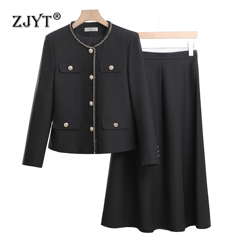 

ZJYT Elegant Ladies Autumn Blazer Jacket Suit with Skirt 2 Piece Woman Clothing Set Plus Size White Black Outfit Office Workwear