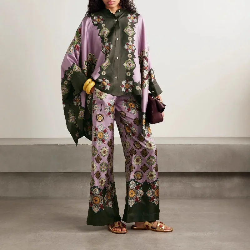 

Vintage Women Satin Pants Set Elegant Boho Loose Batwing Sleeve Shirt Top Wide Leg Pants Two Piece Set Print Trousers Outfits
